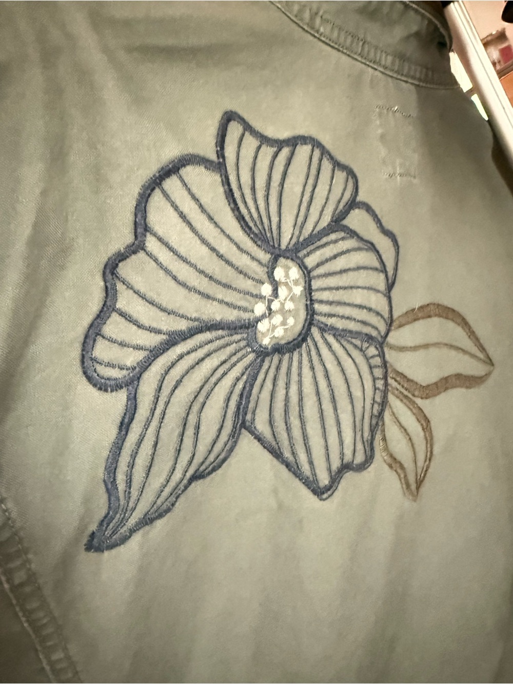 Kensie Utility Jacket in Light Olive Green with Floral Embroidery - Picture 13 of 14